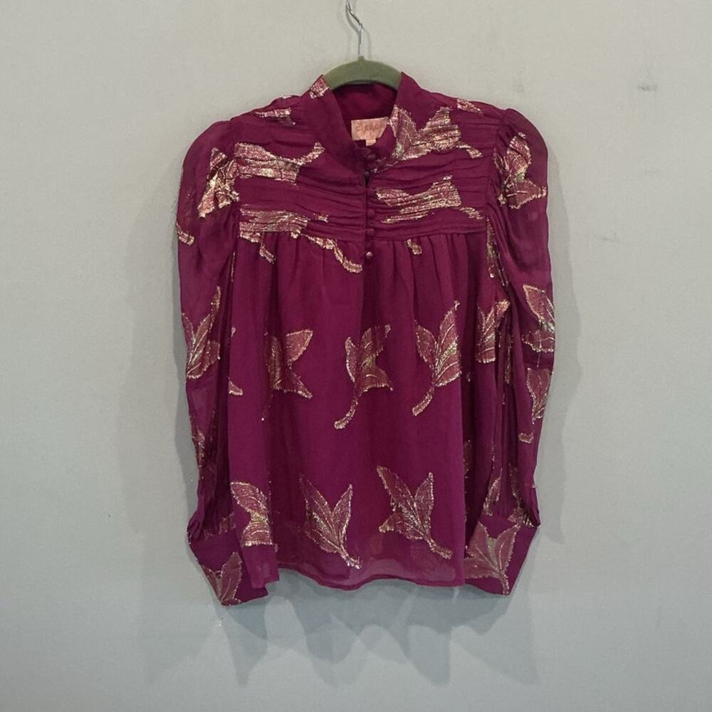Ciebon Womens Long Sleeve Chiffon Top Size S Mauve Gold Boho Peasant Preppy Work